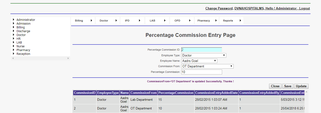 DVNA Hospital Management Software Percentage Commission Entry Page